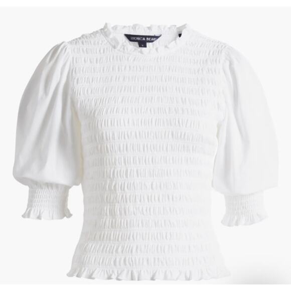 Veronica Beard Langston Smocked Ruffle Top Blouse White Elevated Basic M Cotton - Picture 2 of 11